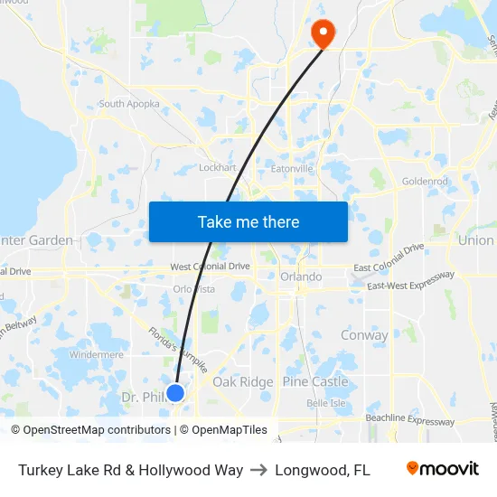 Turkey Lake Rd & Hollywood Way to Longwood, FL map
