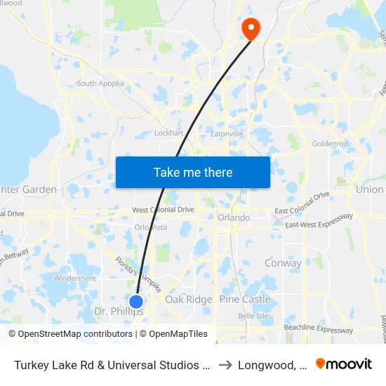 Turkey Lake Rd & Universal Studios Plz to Longwood, FL map