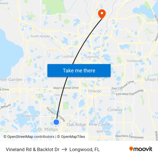 Vineland Rd & Backlot Dr to Longwood, FL map