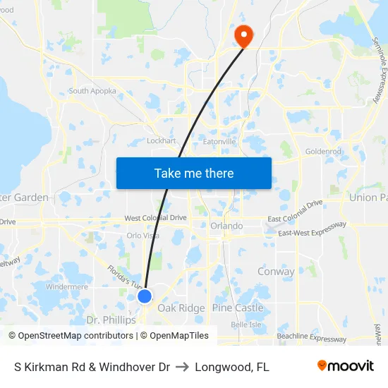 S Kirkman Rd & Windhover Dr to Longwood, FL map