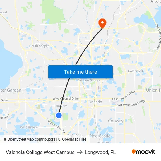 Valencia College West Campus to Longwood, FL map