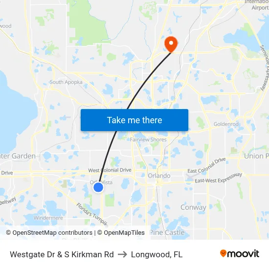 Westgate Dr & S Kirkman Rd to Longwood, FL map