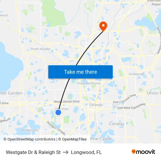 Westgate Dr & Raleigh St to Longwood, FL map