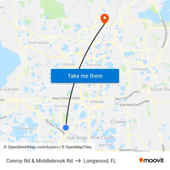 Conroy Rd & Middlebrook Rd to Longwood, FL map