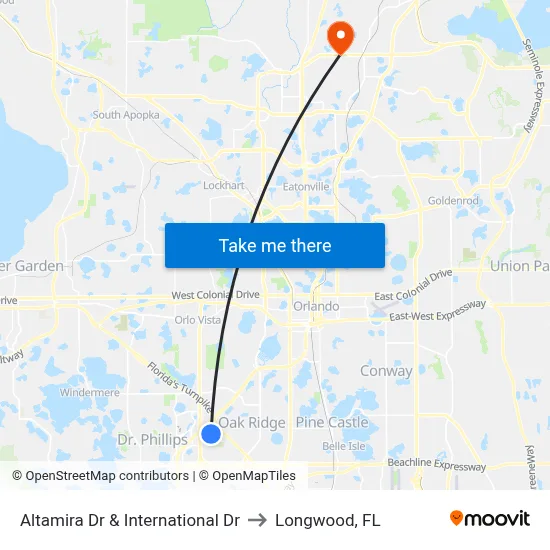 Altamira Dr & International Dr to Longwood, FL map