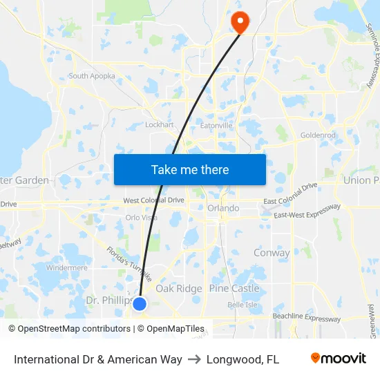 International Dr & American Way to Longwood, FL map