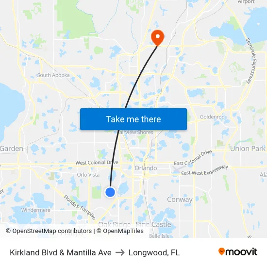 Kirkland Blvd & Mantilla Ave to Longwood, FL map