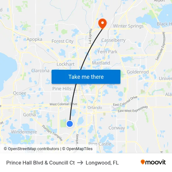 Prince Hall Blvd & Councill Ct to Longwood, FL map