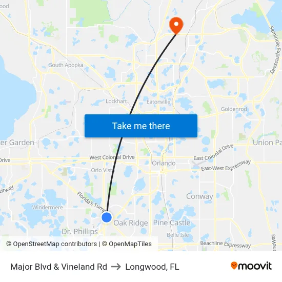 Major Blvd & Vineland Rd to Longwood, FL map