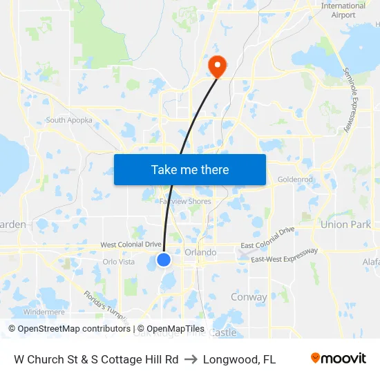 W Church St & S Cottage Hill Rd to Longwood, FL map