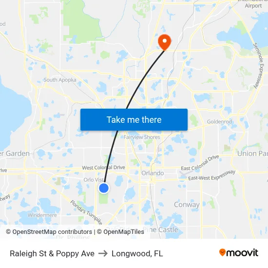 Raleigh St & Poppy Ave to Longwood, FL map