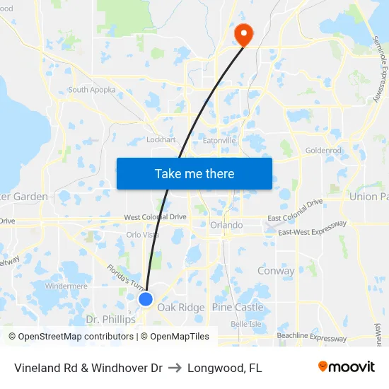 Vineland Rd & Windhover Dr to Longwood, FL map