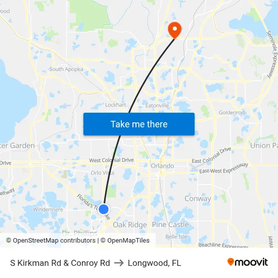 S Kirkman Rd & Conroy Rd to Longwood, FL map