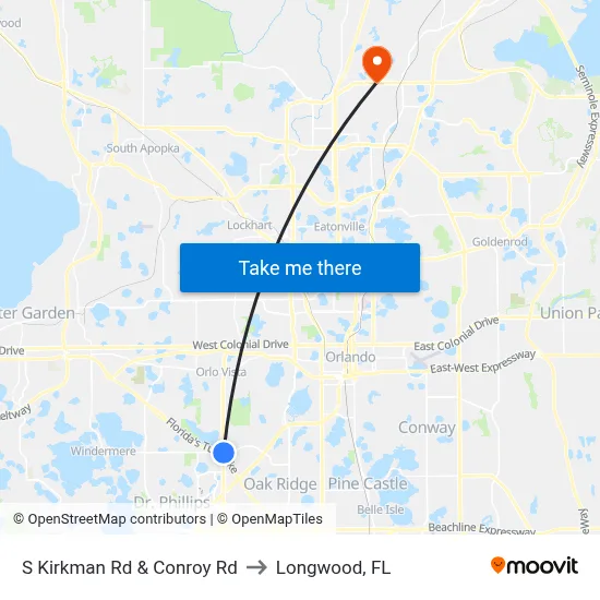 S Kirkman Rd & Conroy Rd to Longwood, FL map