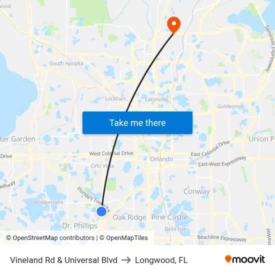 Vineland Rd & Universal Blvd to Longwood, FL map