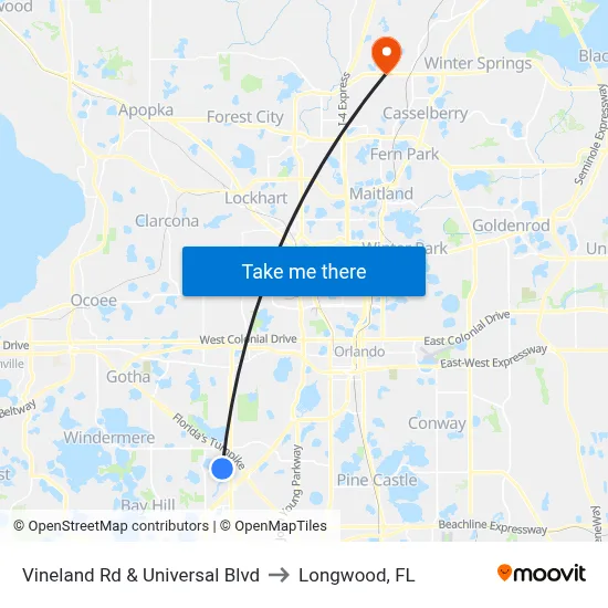 Vineland Rd & Universal Blvd to Longwood, FL map