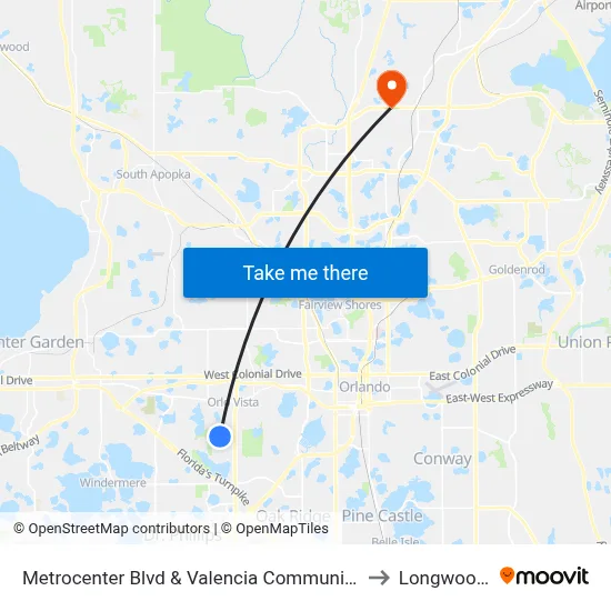 Metrocenter Blvd & Valencia Community College Dr to Longwood, FL map
