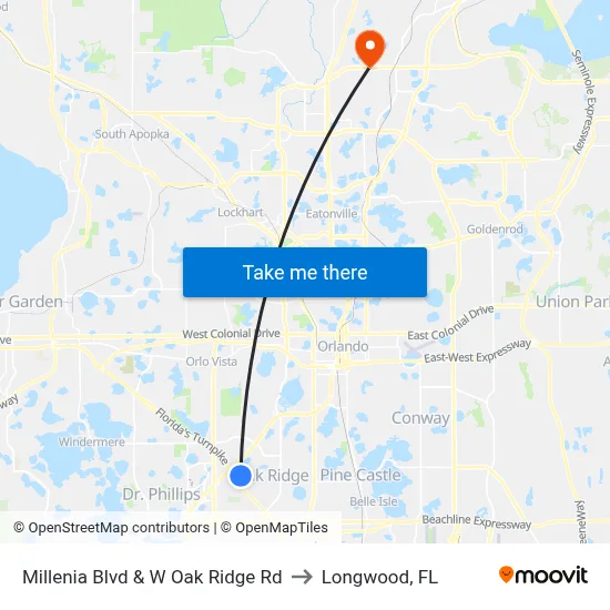 Millenia Blvd & W Oak Ridge Rd to Longwood, FL map