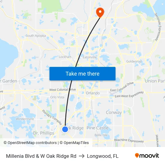 Millenia Blvd & W Oak Ridge Rd to Longwood, FL map