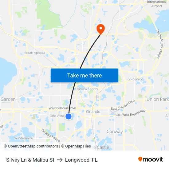 S Ivey Ln & Malibu St to Longwood, FL map