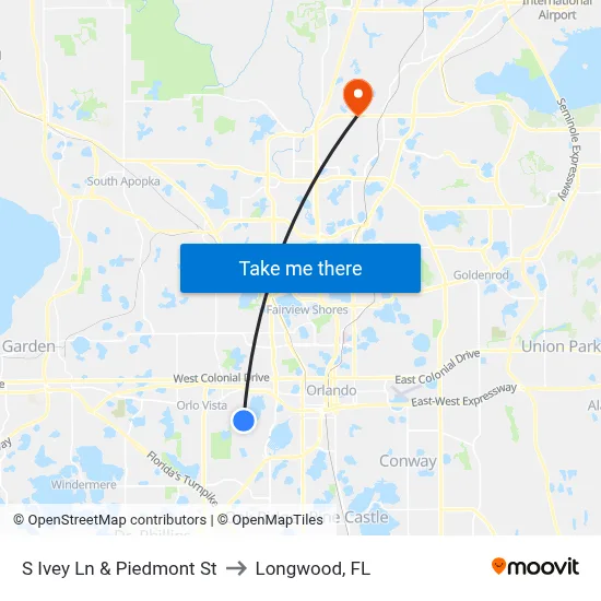 S Ivey Ln & Piedmont St to Longwood, FL map