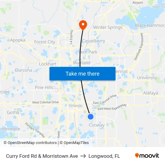 Curry Ford Rd & Morristown Ave to Longwood, FL map