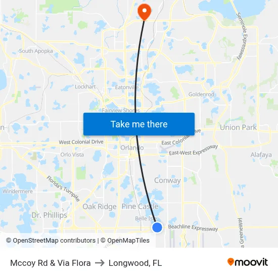 Mccoy Rd & Via Flora to Longwood, FL map