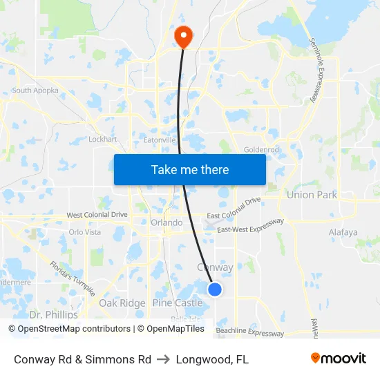 Conway Rd & Simmons Rd to Longwood, FL map