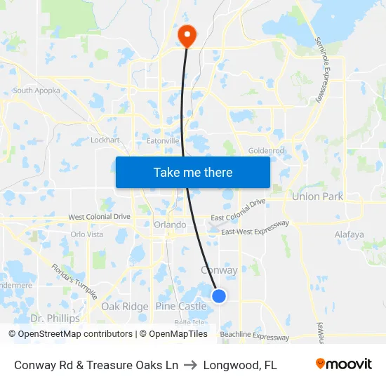 Conway Rd & Treasure Oaks Ln to Longwood, FL map