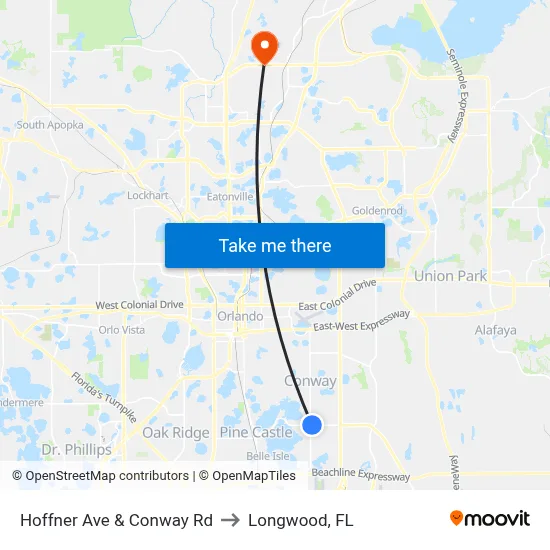 Hoffner Ave & Conway Rd to Longwood, FL map