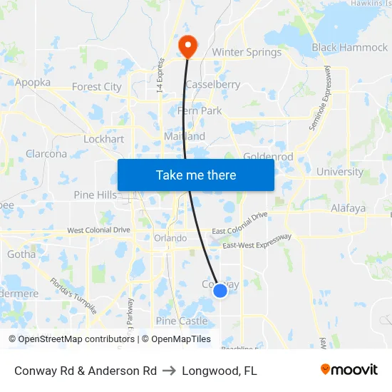 Conway Rd & Anderson Rd to Longwood, FL map
