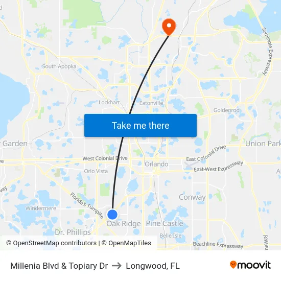 Millenia Blvd & Topiary Dr to Longwood, FL map