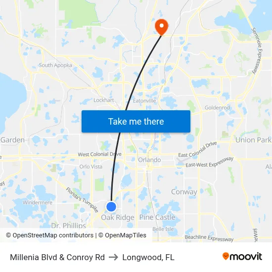 Millenia Blvd & Conroy Rd to Longwood, FL map