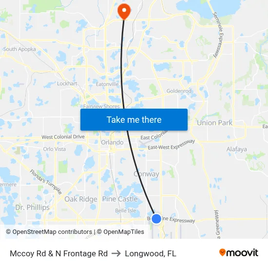 Mccoy Rd & N Frontage Rd to Longwood, FL map