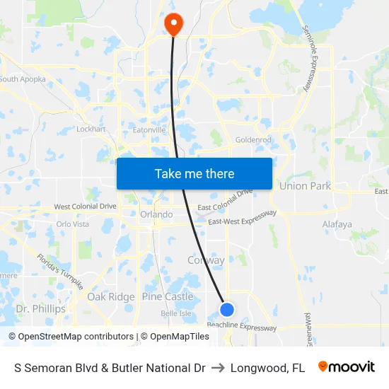 S Semoran Blvd & Butler National Dr to Longwood, FL map