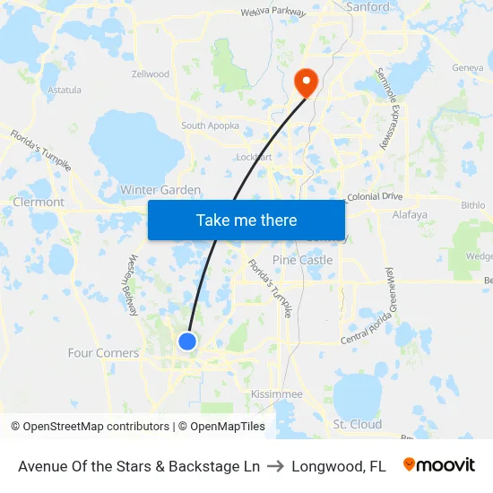 Avenue Of the Stars & Backstage Ln to Longwood, FL map