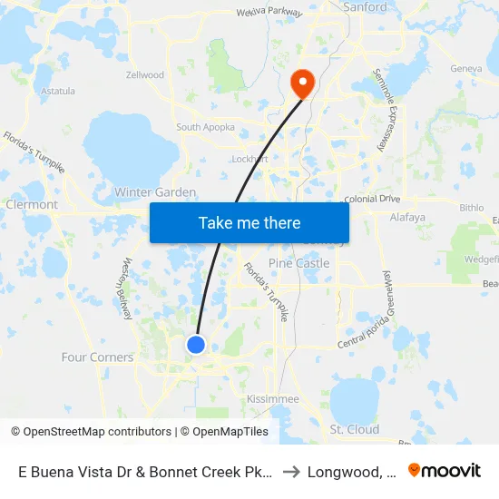 E Buena Vista Dr & Bonnet Creek Pkwy to Longwood, FL map