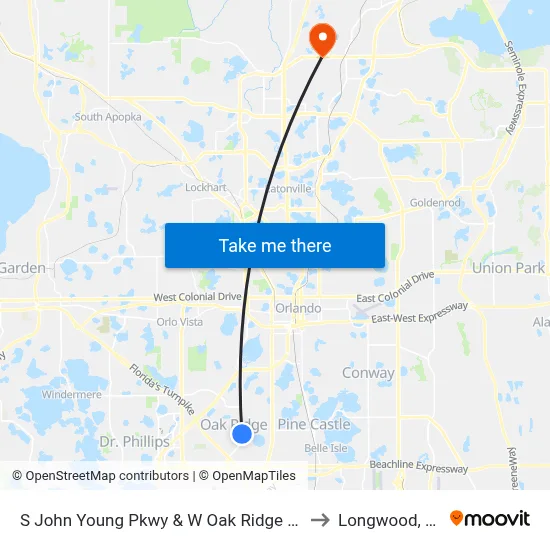 S John Young Pkwy & W Oak Ridge Rd to Longwood, FL map