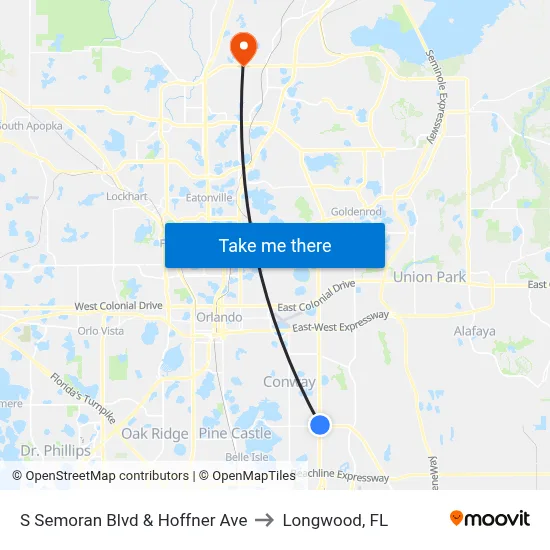 S Semoran Blvd & Hoffner Ave to Longwood, FL map