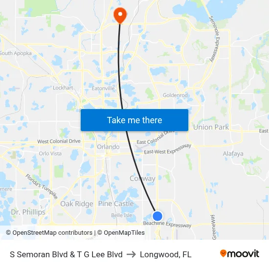 S Semoran Blvd & T G Lee Blvd to Longwood, FL map