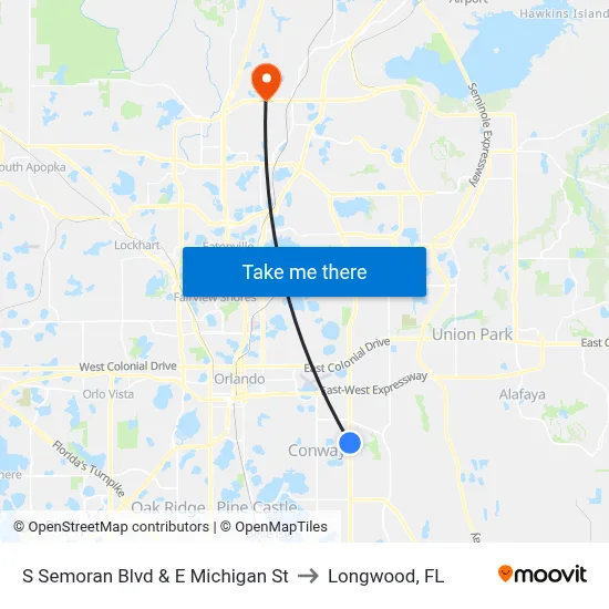 S Semoran Blvd & E Michigan St to Longwood, FL map