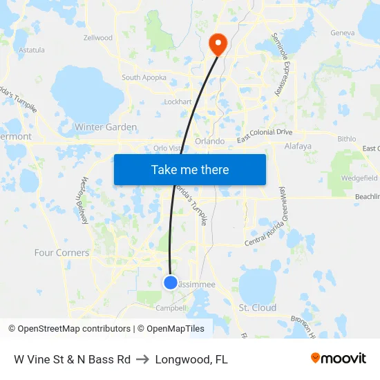 W Vine St & N Bass Rd to Longwood, FL map