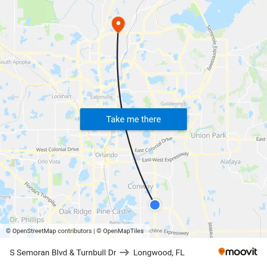 S Semoran Blvd & Turnbull Dr to Longwood, FL map