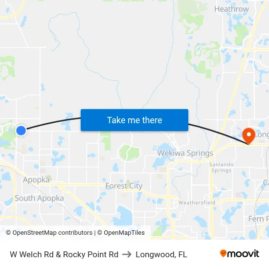 W Welch Rd & Rocky Point Rd to Longwood, FL map