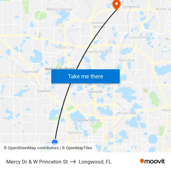 Mercy Dr & W Princeton St to Longwood, FL map