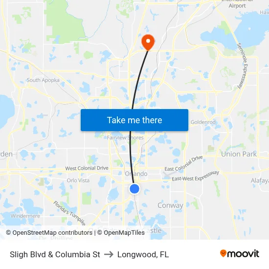 Sligh Blvd & Columbia St to Longwood, FL map