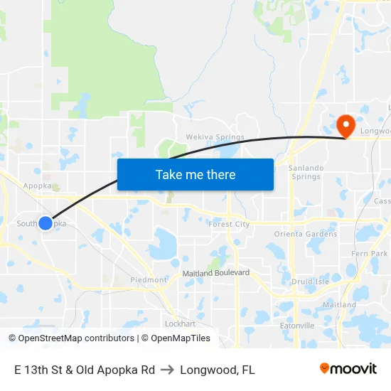 E 13th St & Old Apopka Rd to Longwood, FL map
