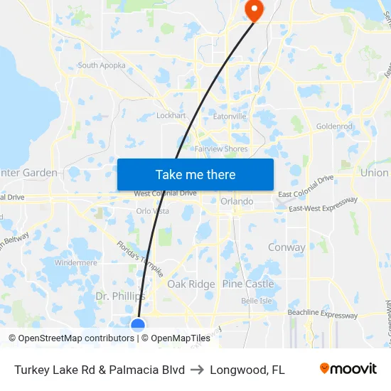 Turkey Lake Rd & Palmacia Blvd to Longwood, FL map