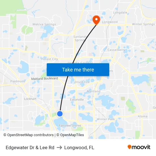 Edgewater Dr & Lee Rd to Longwood, FL map
