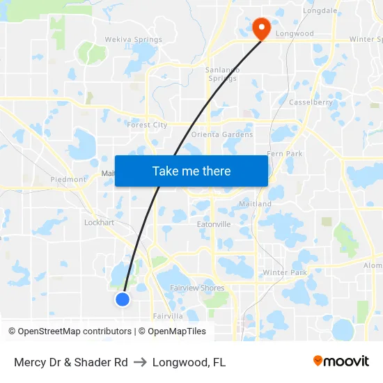 Mercy Dr & Shader Rd to Longwood, FL map